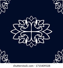 White ornament on blue seamless pattern. Vintage, paisley elements. Ornamental traditional, ethnic, turkish. Great for fabric and textile, wallpaper, packaging or any idea.