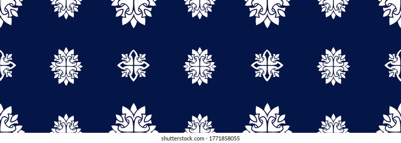 White ornament on blue seamless pattern. Vintage, paisley elements. Ornamental traditional, ethnic, turkish. Great for fabric and textile, wallpaper, packaging