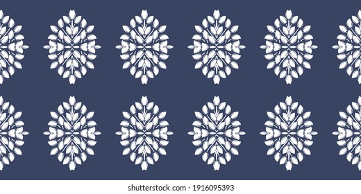 White ornament on blue seamless pattern. Vintage, paisley elements. Ornamental traditional, ethnic, turkish. Great for fabric and textile, wallpaper, packaging.