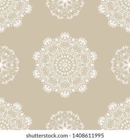White ornament on brown background. Seamless abstract background with floral ornament. Floral ornament on background. Template for your design. Wallpaper pattern