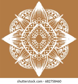 White ornament on brown background in bohemian style. Native American design element painted with grunge brushes