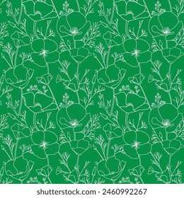 white ornament with silhouettes Eschscholzia flowers on green background. California poppy - vector decorative seamless pattern