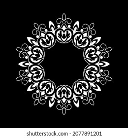 White ornamental circular pattern on black background. Card template design. Vector illustration.