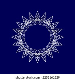 White ornamental circular pattern on dark blue background. Card template design. Vector illustration.