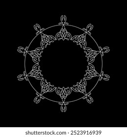 White ornamental circular pattern on black background. Card template design. Vector illustration.