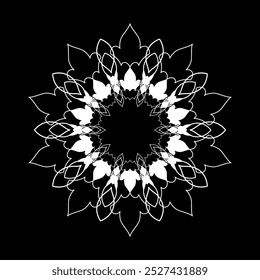 White ornamental circular pattern on black background. Card template design. Vector illustration.