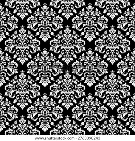 White ornamental damask seamless pattern tile on black background