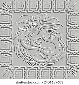 White Ornamental emboss 3d chinese dragon seamless borders pattern background with square frame. Happy Chinese new year 2024 Zodiac sign, year of the Dragon. Relief embossed grunge vector background.