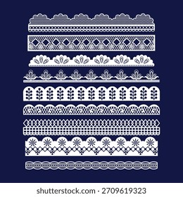 Colección de bordes de encaje de Vector plano ornamental blanco que muestra varios patrones de adornos decorativos, ideal para el diseño textil, invitaciones de boda y proyectos de artesanía