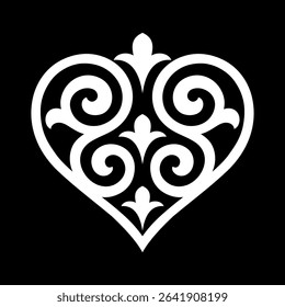 White ornamental heart on black background. Traditional ethnic swirl pattern, symmetrical and decorative, ideal for design, print, and cultural art projects