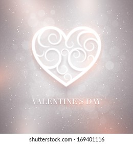 White ornamental heart shape on glitter pink textured background. For Valentine's day or wedding invitation. Elements are layered separately in vector file.