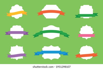 White ornamental label frames with color ribbons. Retro badge vector set. Vintage packaging design templates for bottles, jars, cups or dishes. Special supermarket promotional offer price tag.