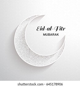 White ornamental moon with shadow and the black inscription Eid Al Adha mubarak on a light background. Muslim community festival vector illustration