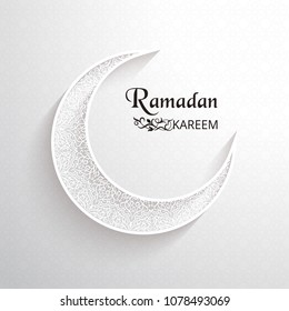 White ornamental moon with shadow and the dark inscription Ramadan Kareem on a light background with arabic pattern. Outline decor. Islamic background. Greeting card, advertising, discount, poster.