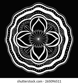 White ornamental pattern on black background. Hand drawn round mandala. Vector art