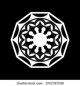 Weißes ornamentales rundes Muster auf schwarzem Hintergrund. Kartenvorlagendesign. Vektorgrafik.
