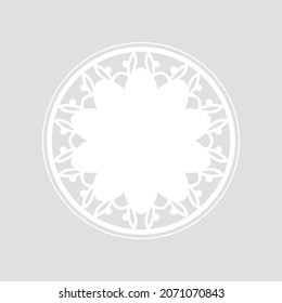 White ornamental round pattern on grey background. Card template design. Vector illustration.