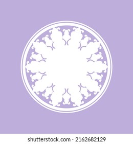 White ornamental round pattern on purple background. Card template design. Vector illustration.