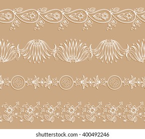 White ornamental seamless borders. Mehndi style.
Four floral borders with transparent shadows and separated from background.