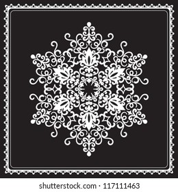 White ornamental snowflake in square frame isolated on black, decorative vector elements for winter design