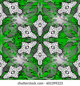 White ornate illustration for wallpaper. Ornamental lace tracery. Vector pattern with floral ornament. Vintage design element in Eastern style. Traditional arabic decor on green background.