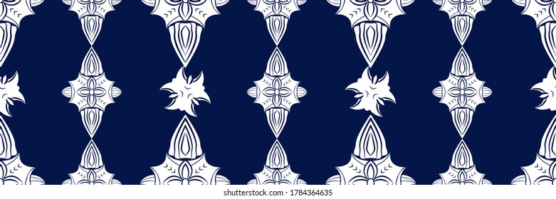 White ornate on blue luxury background. Damask style vector pattern. Renaissance surface design