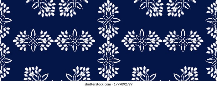 White ornate on blue luxury background. Damask style vector pattern. Renaissance surface design
