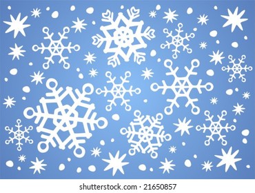 White ornate snowflakes on a blue background. Christmas illustration.