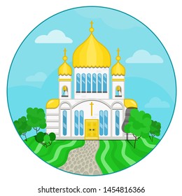  White Orthodox church against the backdrop of the earth and the sky. Landscape with the temple. Flat icon.