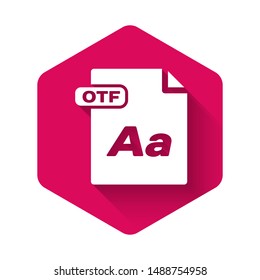White OTF file document. Download otf button icon isolated with long shadow. OTF file symbol. Pink hexagon button. Vector Illustration