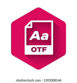 White OTF file document icon. Download otf button icon isolated with long shadow. OTF file symbol. Pink hexagon button. Vector Illustration