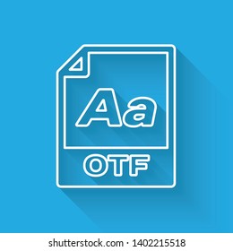 White OTF file document icon. Download otf button line icon isolated with long shadow. OTF file symbol. Vector Illustration