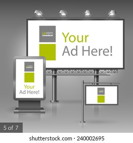 White outdoor advertising design for company with green and gray square elements. Elements of stationery.