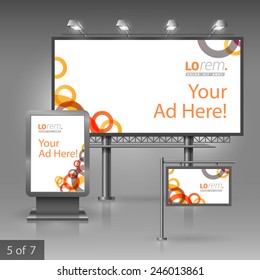 White outdoor advertising design for corporate identity with red and orange geometric round elements. Stationery set