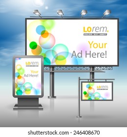 White outdoor advertising design for corporate identity with color bubbles. Stationery set