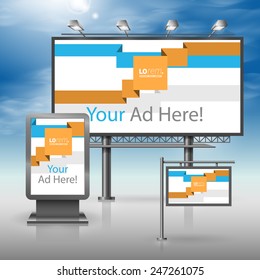 White outdoor advertising design for corporate identity with blue and orange geometric lines. Stationery set