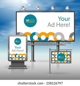 White outdoor advertising design for corporate identity with orange and blue round pattern. Stationery set