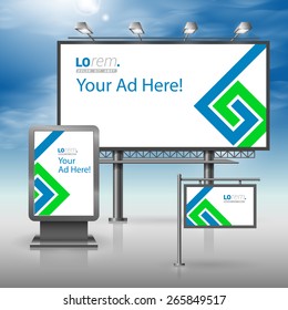 White outdoor advertising design for corporate identity with blue and green geometric elements. Stationery set