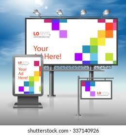 White outdoor advertising design for corporate identity with color square pattern. Stationery set