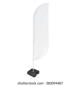 White Outdoor Feather Flag With Ground Fillable Water Base, Stander Advertising Banner Shield. Mock Up Products On White Background Isolated. Ready For Your Design. Product Packing. Vector EPS10