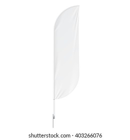 White Outdoor Feather Flag With Ground Spike, Stander Advertising Banner Shield. Mock Up Products On White Background Isolated. Ready For Your Design. Product Packing. Vector EPS10