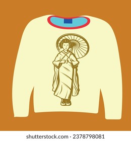 The white outfit in front of the background and the brown Japanese woman pattern in front of it.eps