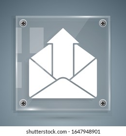 White Outgoing mail icon isolated on grey background. Envelope symbol. Outgoing message sign. Mail navigation button. Square glass panels. Vector Illustration