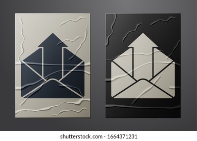 White Outgoing mail icon isolated on crumpled paper background. Envelope symbol. Outgoing message sign. Mail navigation button. Paper art style. Vector Illustration