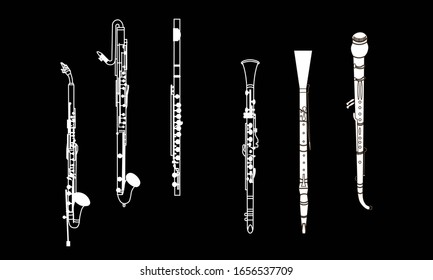 White outline alto, bass and soprano clarinet, oboe, English horn, flute isolated on black background. Musical instruments for template or art school dictionary illustration