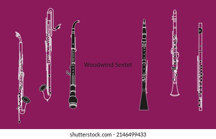 White outline alto, contra alto and soprano clarinets, english horn, oboe, flute isolated on purple background. Woodwind sextet. Musical instruments for template or art school dictionary illustration