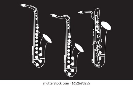 White outline alto, tenor, baritone saxophones isolated on black background. Musical instrument for template or art school dictionary illustration