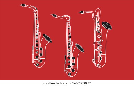 White outline alto, tenor and baritone saxophone on red background. Musical instruments for template or art school dictionary illustration