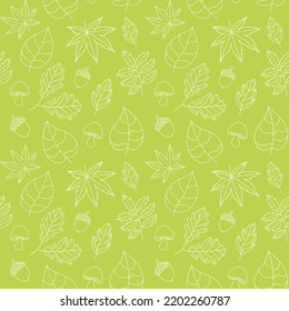 White outline autumn leaves. Seamless pattern on green background. Botanical seamless background.