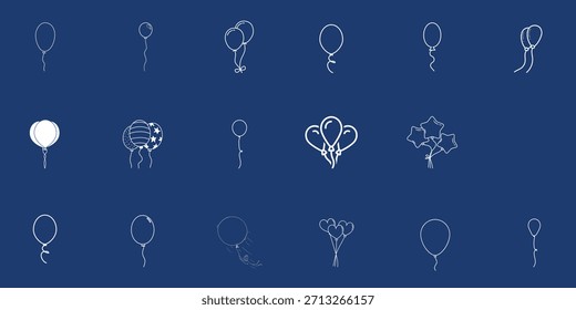 Conjunto de Vetor de Balão de Contorno Branco - Ícones de Decoração de Festa Esboçada à Mão Minimalista com Corações, Grupos e Balões Únicos Perfeitos para Cartões de Aniversário, Gráficos de Festival e Designs de Eventos de Celebração